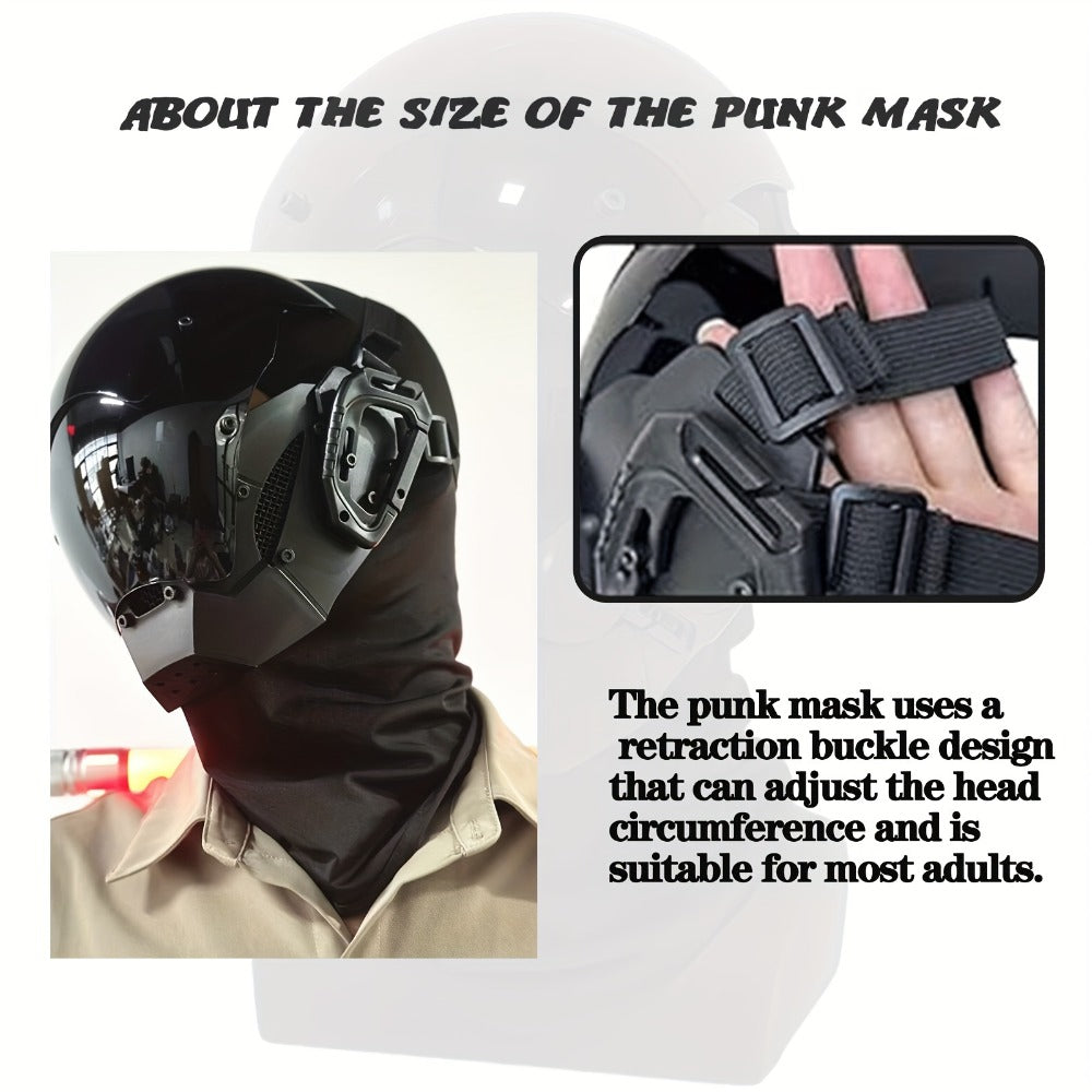 Black Reflective Cyberpunk Costume Mask with Full-Face Visor, Mechanical Side Details and Adjustable Rear Straps