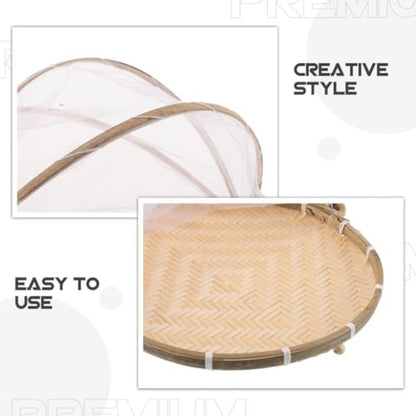 Handwoven Bamboo-Style Food Storage Basket with Lid and Mesh Cover in Light Yellow Finish for Kitchen
