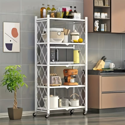 Three-to-Five-Tier Folding Storage Rack with Metal Shelves, Caster Wheels and Black or White Finish