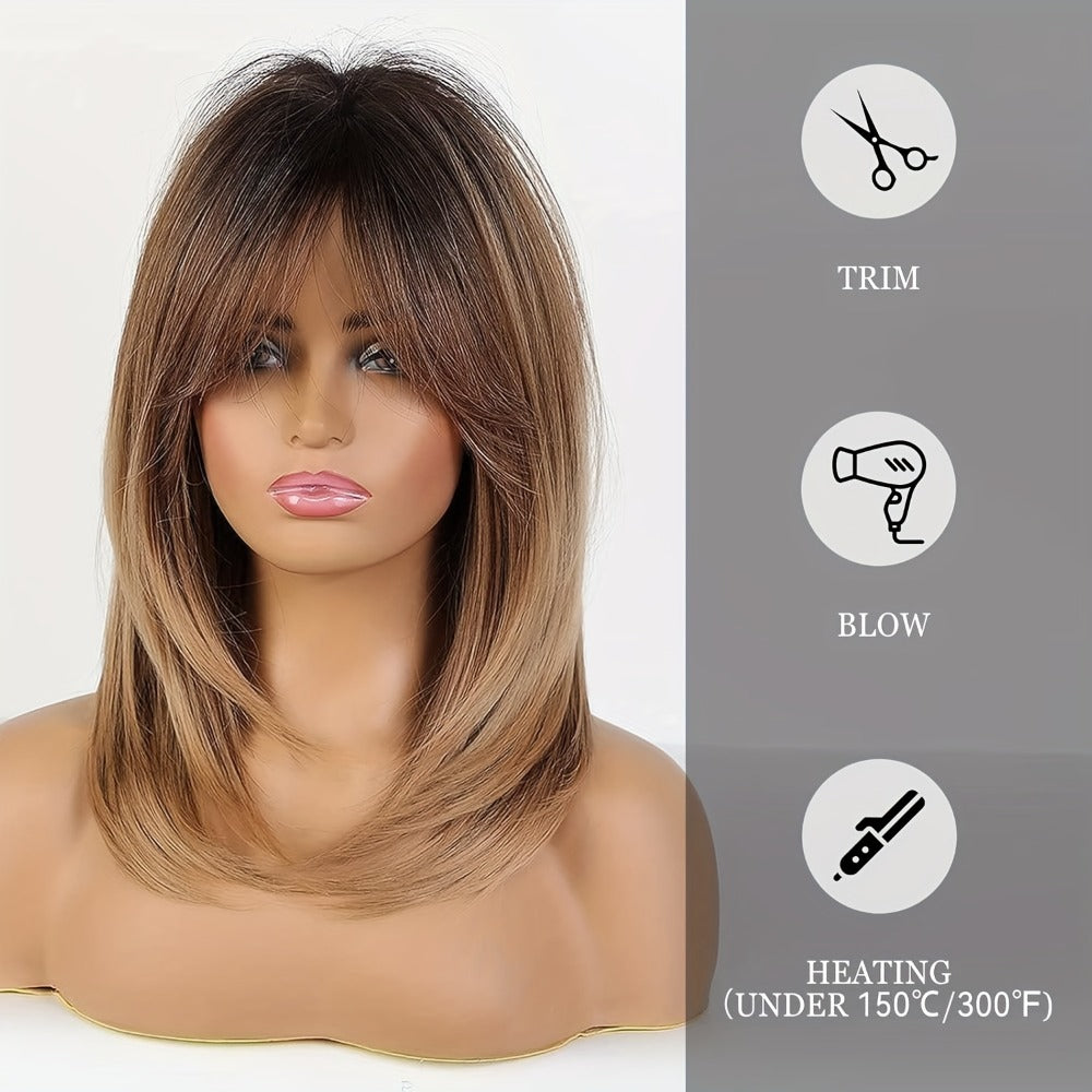 Synthetic Wig with Layered Bangs & Rose Net Cap – Heat Resistant Fiber Matte Finish Long Dark Brown Hair, Natural Looking Lightweight Everyday Style for Women, 18 Inch