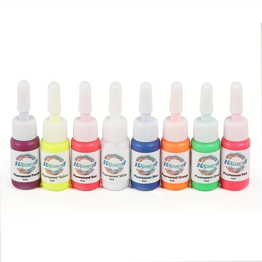 Tattoo Ink 8-Color UV Fluorescent Set with 5ml Bottles and Gallery-Shown Full Neon Color Range