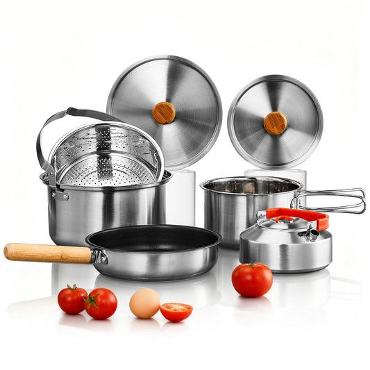 Camping Cookware Set, 19- or 27-Piece Coated Aluminum Mess Kit with Pot, Pan, Kettle, Cups, Plates and Cutlery