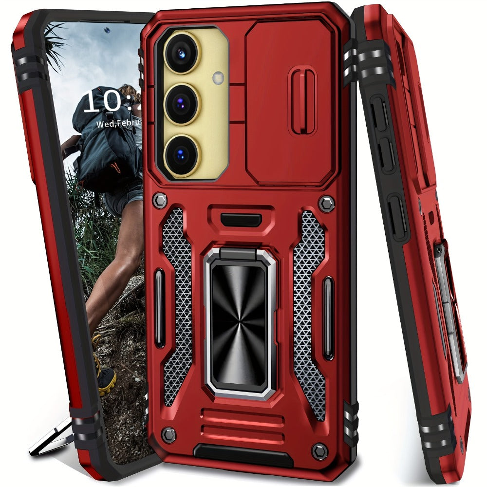 Samsung Galaxy Shockproof Magnetic Phone Case with 360° Rotating Ring Bracket & Sliding Lens Protector – Heavy Duty Cover for S24FE S23FE S22 S21FE Ultra A55 A54 A35 A34 A25 A24 A16 A15 A14 A06 A05 A05S 5G
