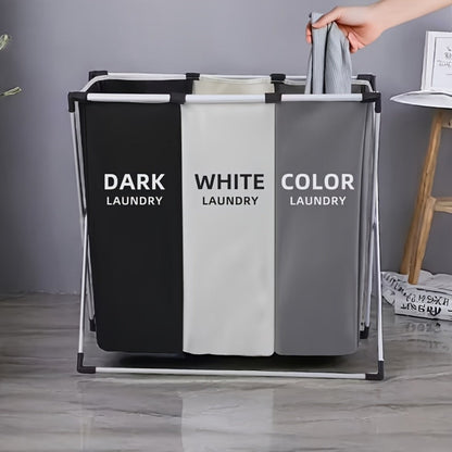 Three-Section Laundry Hamper Sorter with Black, White and Gray Oxford-Fabric Bags and Foldable Frame