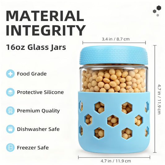 Glass Jar Food Storage Organizer Six-Pack with 16oz Screw-Top Jars and Optional Silicone Sleeves