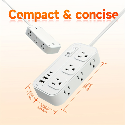 Power Strip Flat Plug with 6 AC Outlets, 2 USB-A, 2 USB-C and 3-Inch, 5-Foot or 10-Foot Cord Options
