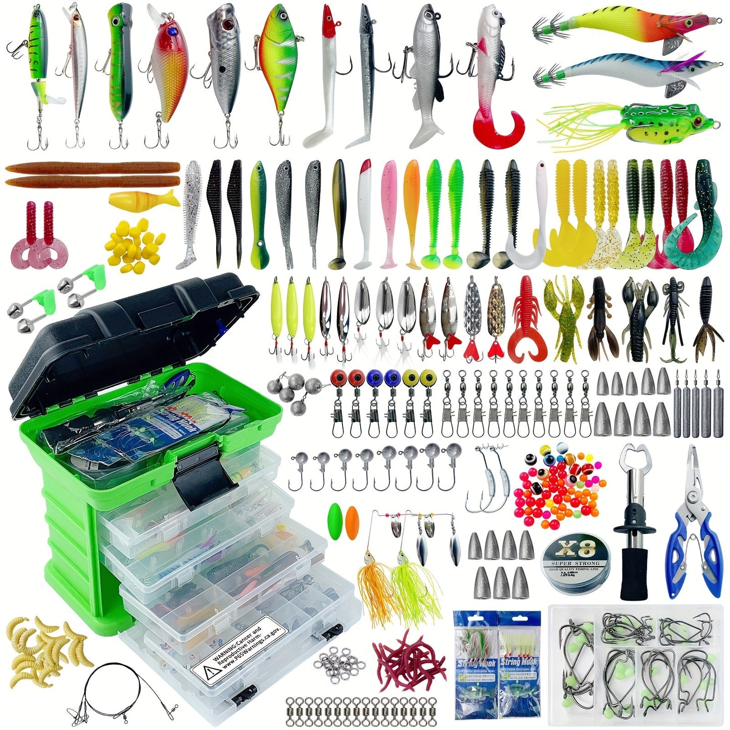 Fishing Lure Set 346-Piece Mixed Tackle Assortment with Hard Baits, Soft Baits, Hooks, Weights and Tiered Storage Box