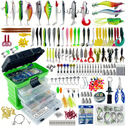 Fishing Lure Set 346-Piece Mixed Tackle Assortment with Hard Baits, Soft Baits, Hooks, Weights and Tiered Storage Box