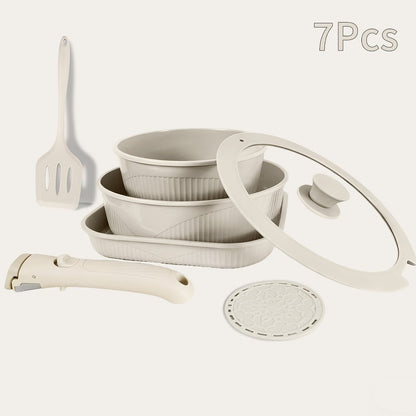 Detachable-Handle Cookware Set in 5-, 7- or 24-Piece Configurations with Stackable Pots, Pans and Lids