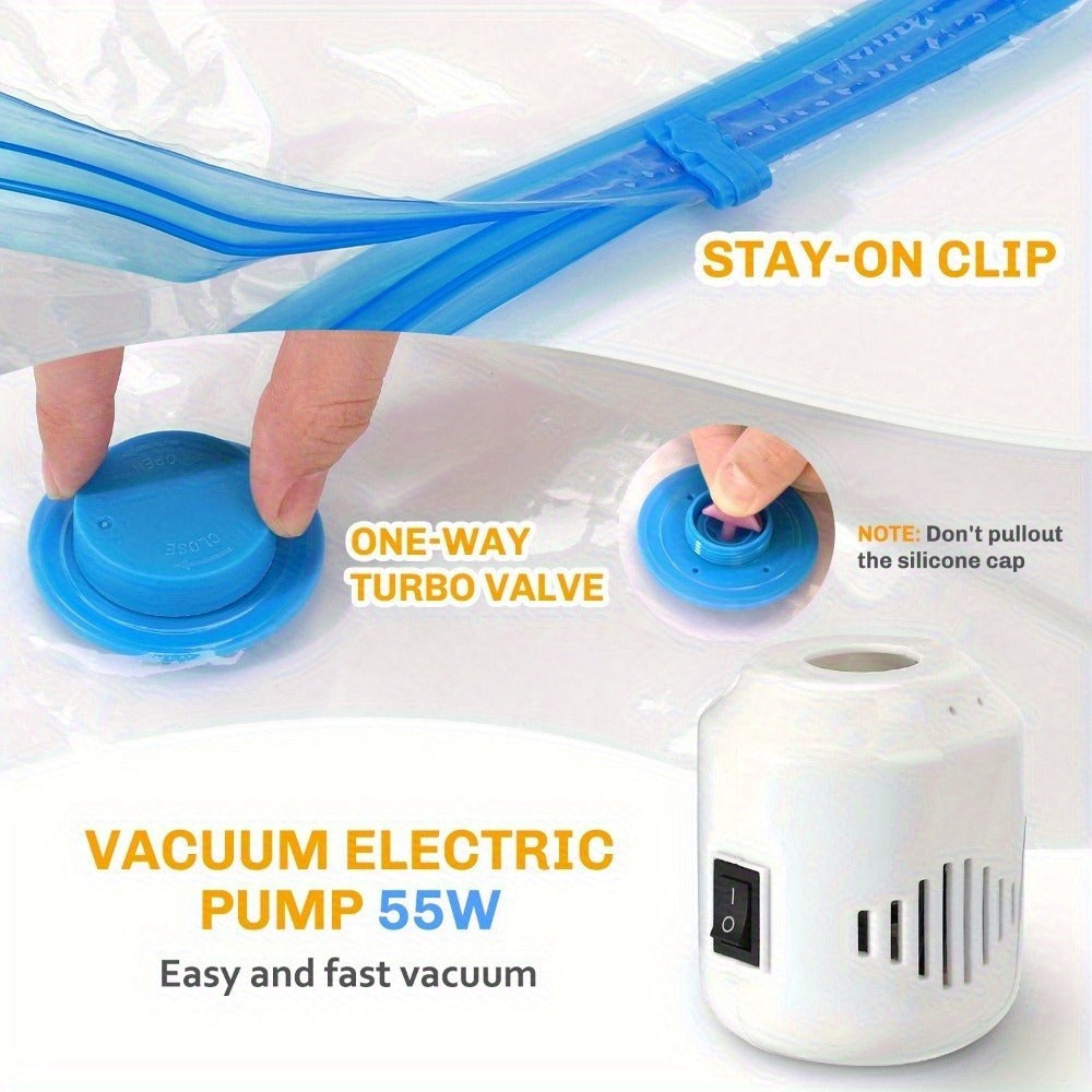 Clear Blue Vacuum Storage Bag Set with Pictured Electric Pump, 16-Piece Checkout Pack and Travel Cases