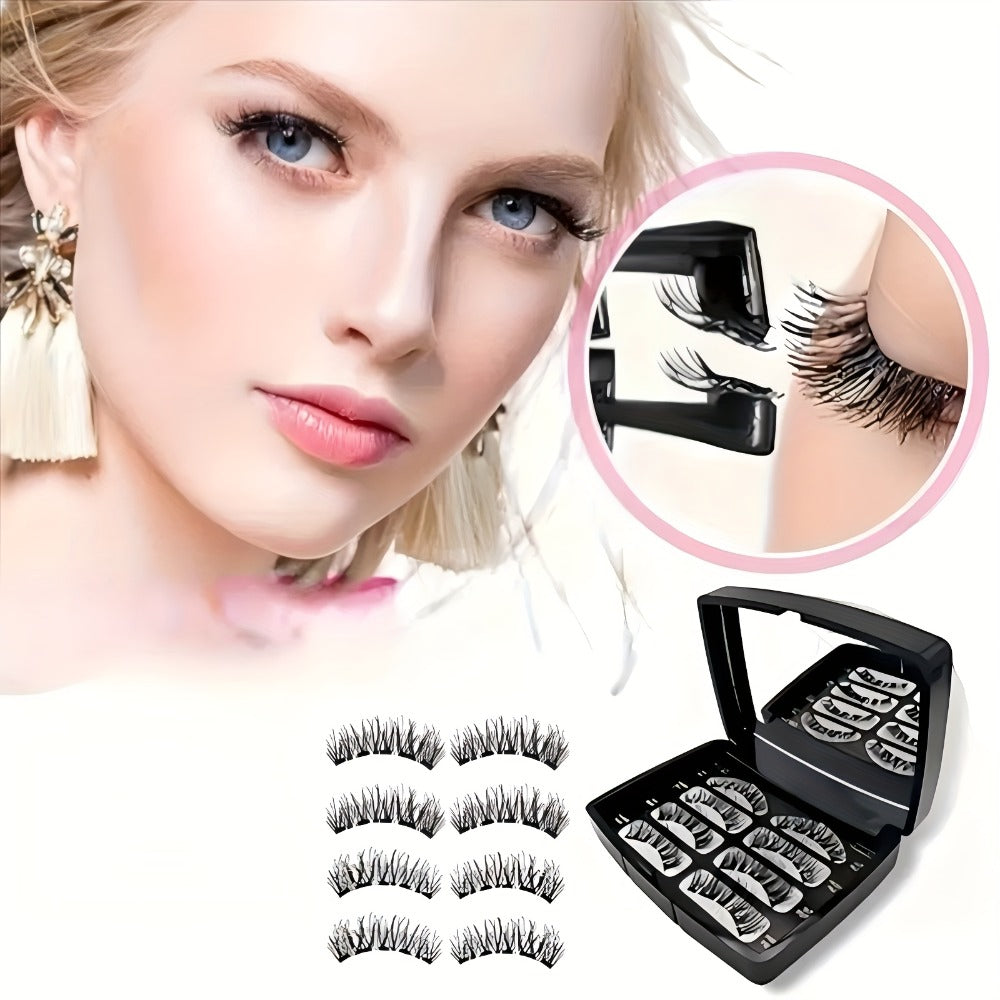 Eight-Piece Black Magnetic False Eyelash Kit with Rectangular Case, Applicator, Tweezers and Brush