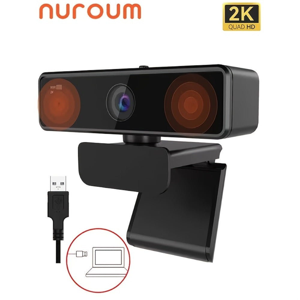 2K Webcam with Dual Microphone for PC Laptop, Nuroum V11 1440P HD USB Conference Camera, 360° Rotatable, Auto Light Correction, Privacy Cover, Works with Zoom Meet Teams Skype, Plug and Play