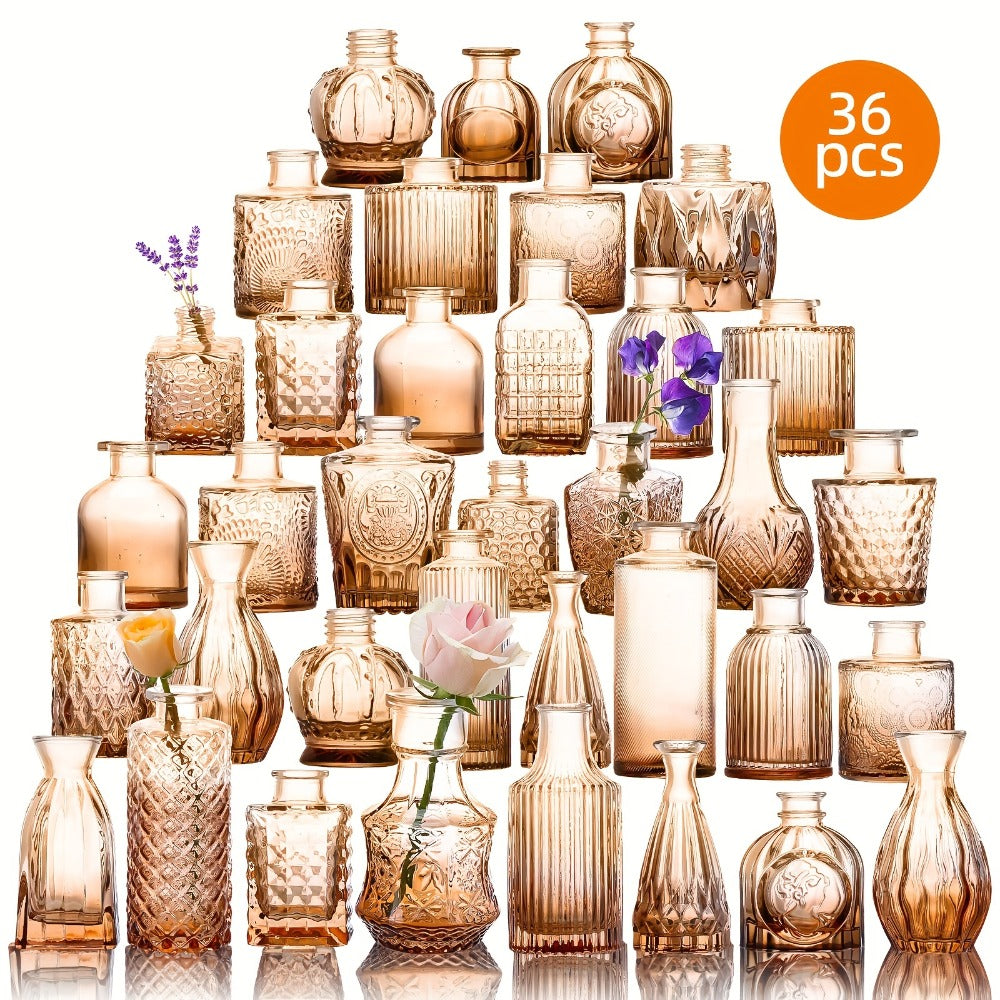 Amber Glass Bud Vases, 36-Piece Mixed Shape Bottle Set for Tables, Shelves and Event Centerpieces