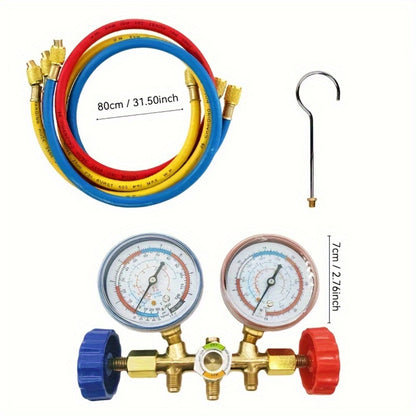 AC Manifold Gauge Set 3-Way with Color-Coded Hoses & Adapters for R134A R22 R12 R404A - HVAC Diagnostics A/C Recharge Leak Detection 0-500 PSI