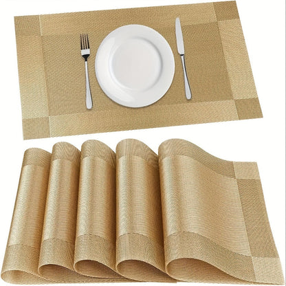 Six-Piece PVC Placemats in Gold, Brown or Silver, Each 11.8 x 17.7 Inches for Dining Tables