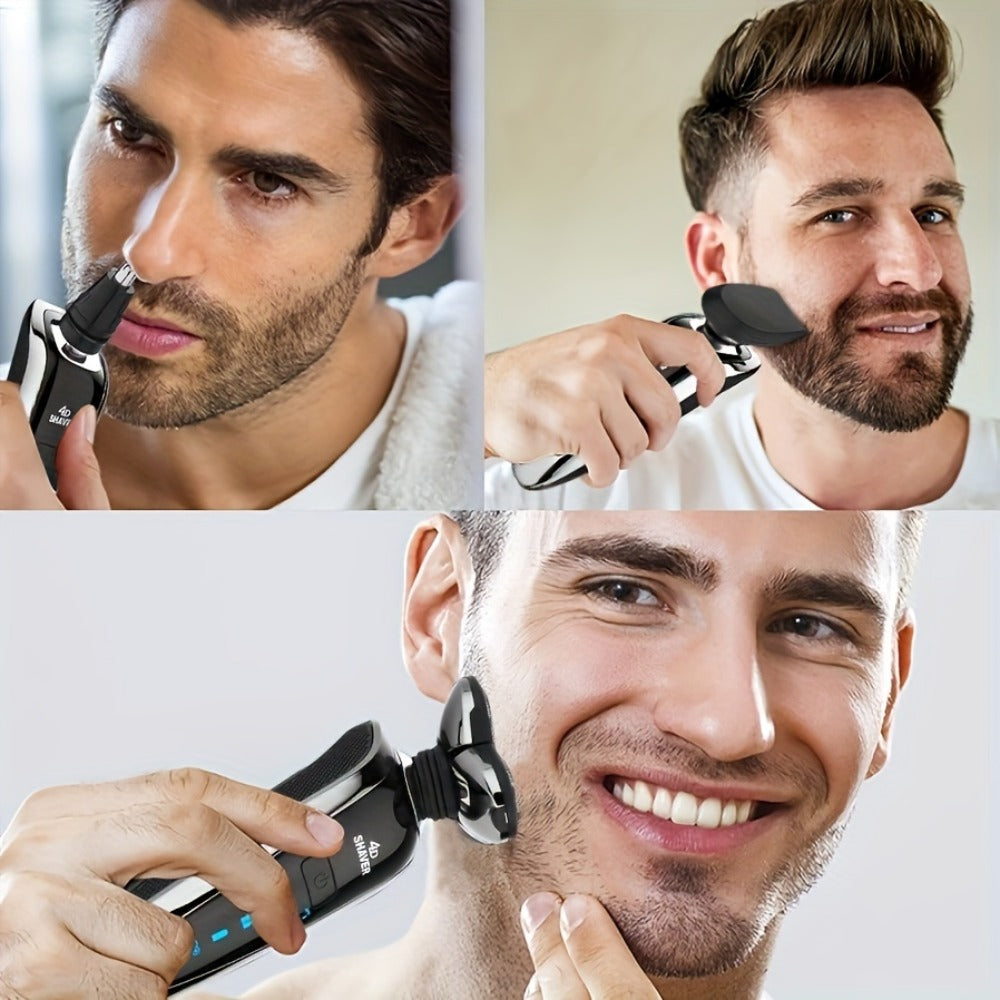 5-in-1 Rechargeable 3-Head Rotary Electric Razor with Detail Trimmer, Nose Trimmer and Cleaning Brush