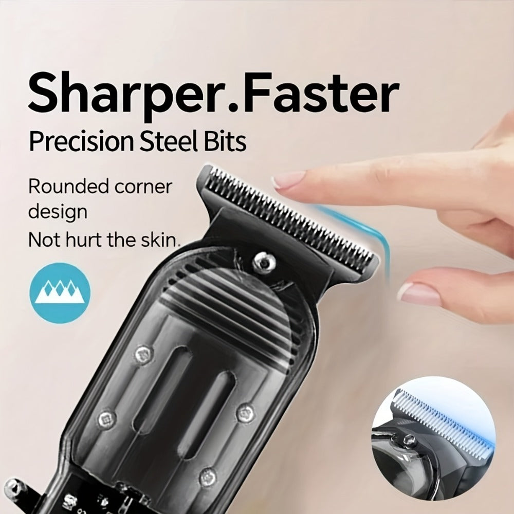 Professional Hair Cutting Kit for Men - Transparent USB Rechargeable Hair Clipper with LCD Display, T-Blade Trimmer, Electric Shaver, 4 Guide Combs & Cleaning Brush - Home Barber Grooming Gift Set