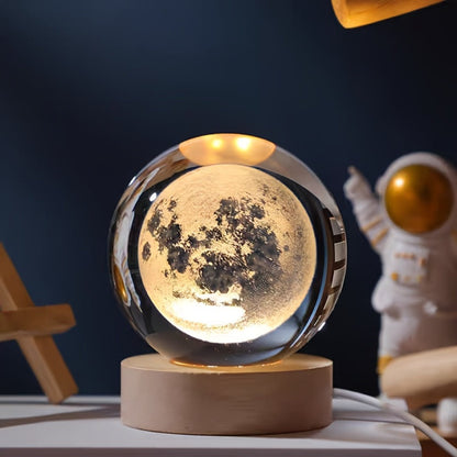 Night Light Blue Starry-Sky Crystal Orb Lamp with 3D Galaxy Pattern, Wood-Tone Base and Single Style
