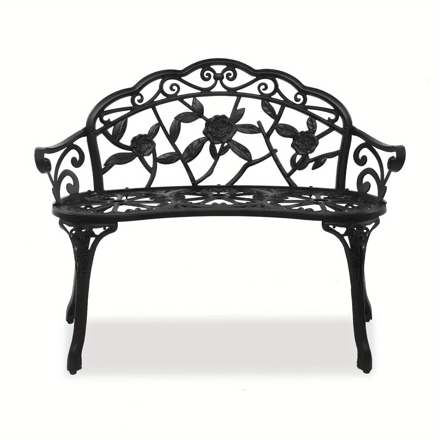 Floral Metal Outdoor Bench with 38.5in Rose-Pattern Seat and Back, Curved Arms and Four Color Options