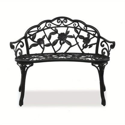 Floral Metal Outdoor Bench with 38.5in Rose-Pattern Seat and Back, Curved Arms and Four Color Options