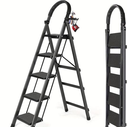 Folding Step Ladder 3 / 4 / 5 Step with Anti-Slip Pedal & Tool Tray – 450 LBS Capacity Portable Steel Step Stool for Adults, Home, Kitchen, Library & Office Use – Red & Black Options