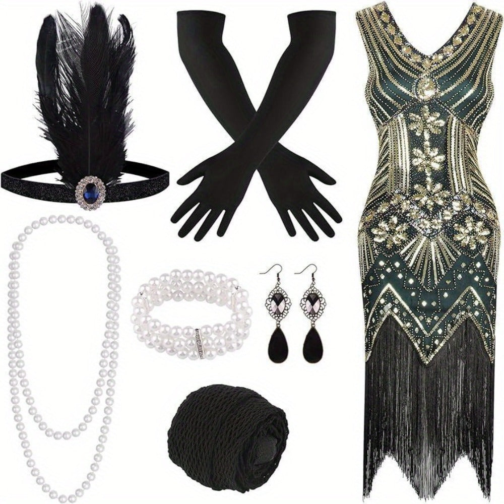 Flapper Dress - with Accessories Set 1920s Sequin Fringe Great Gatsby Costume Women V Neck - main product view