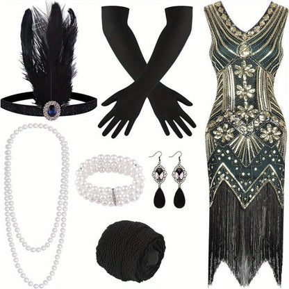 Flapper Dress - with Accessories Set 1920s Sequin Fringe Great Gatsby Costume Women V Neck - main product view