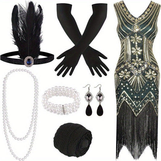 Flapper Dress - with Accessories Set 1920s Sequin Fringe Great Gatsby Costume Women V Neck - main product view