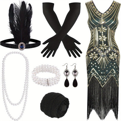 Flapper Dress - with Accessories Set 1920s Sequin Fringe Great Gatsby Costume Women V Neck - product detail view 2