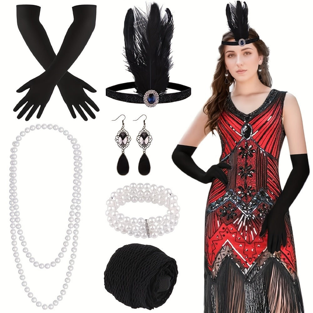 Flapper Dress - with Accessories Set 1920s Sequin Fringe Great Gatsby Costume Women V Neck - product detail view 3