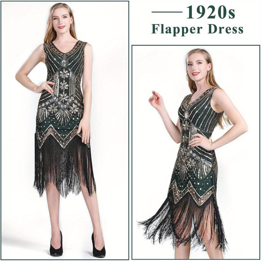 Flapper Dress - with Accessories Set 1920s Sequin Fringe Great Gatsby Costume Women V Neck - product detail view 4