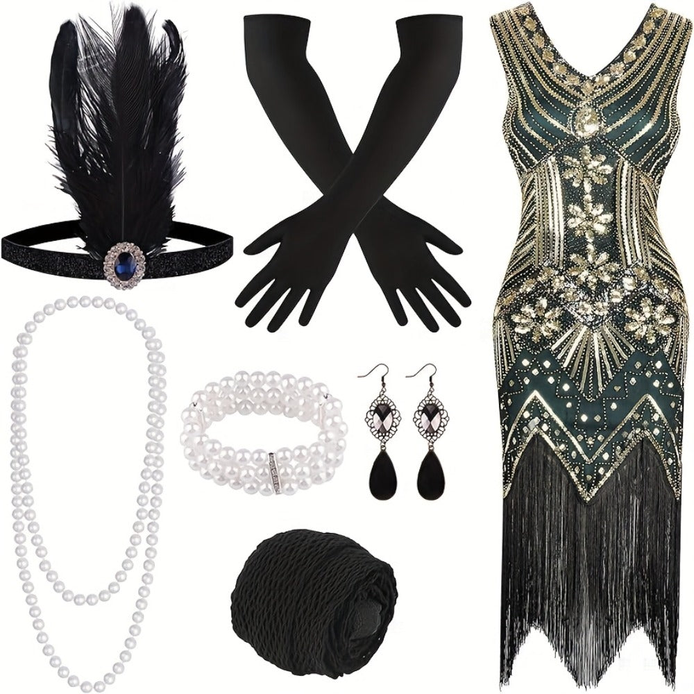 Flapper Dress - with Accessories Set 1920s Sequin Fringe Great Gatsby Costume Women V Neck - product detail view 5