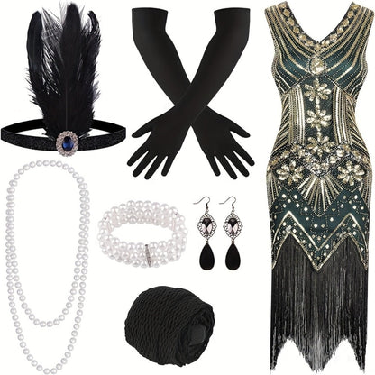 Flapper Dress - with Accessories Set 1920s Sequin Fringe Great Gatsby Costume Women V Neck - product detail view 5