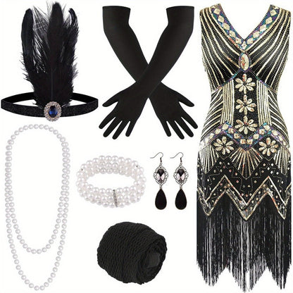 Flapper Dress - with Accessories Set 1920s Sequin Fringe Great Gatsby Costume Women V Neck - product detail view 7