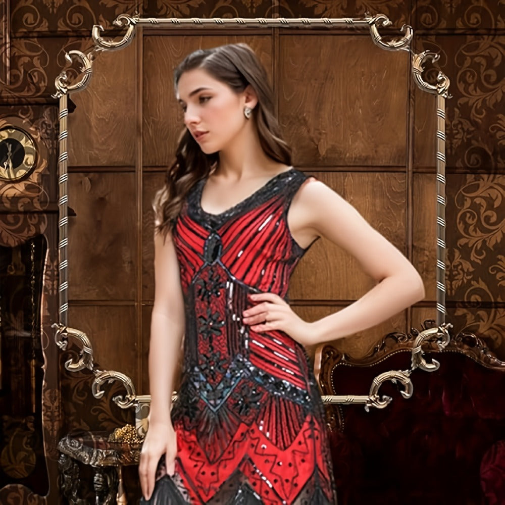 Flapper Dress - with Accessories Set 1920s Sequin Fringe Great Gatsby Costume Women V Neck - product detail view 9