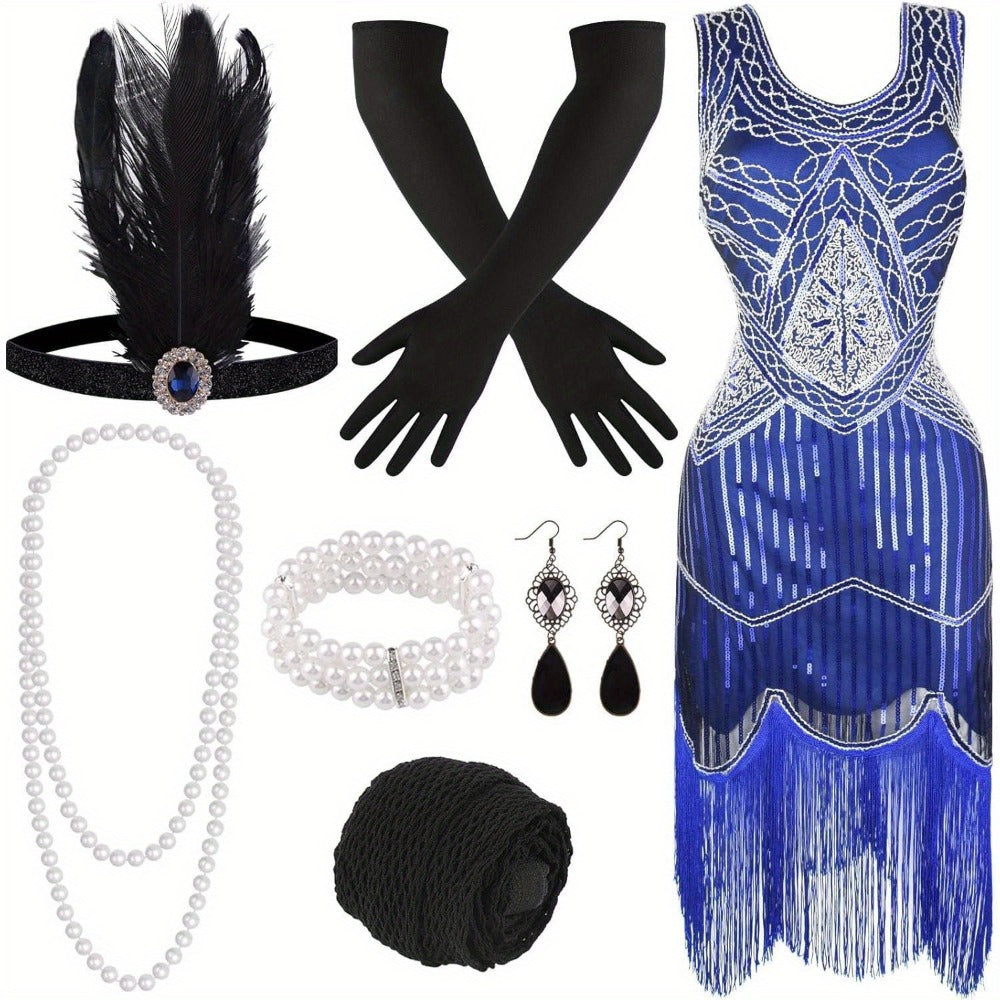 Flapper Dress - with Accessories Set 1920s Sequin Fringe Great Gatsby Costume Women V Neck - product detail view 10