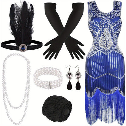Flapper Dress - with Accessories Set 1920s Sequin Fringe Great Gatsby Costume Women V Neck - product detail view 10