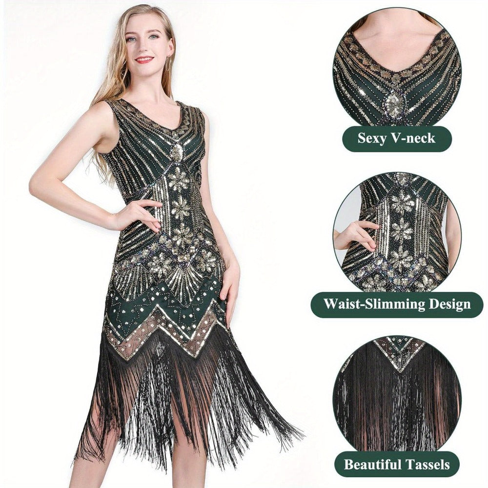 Flapper Dress - with Accessories Set 1920s Sequin Fringe Great Gatsby Costume Women V Neck - product detail view 11