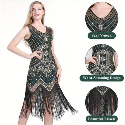 Flapper Dress - with Accessories Set 1920s Sequin Fringe Great Gatsby Costume Women V Neck - product detail view 11