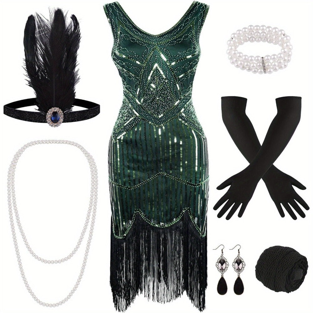 Flapper Dress - with Accessories Set 1920s Sequin Fringe Great Gatsby Costume Women V Neck - product detail view 13