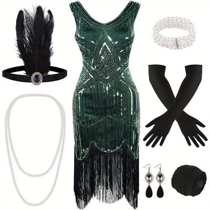 Flapper Dress - with Accessories Set 1920s Sequin Fringe Great Gatsby Costume Women V Neck - product detail view 13