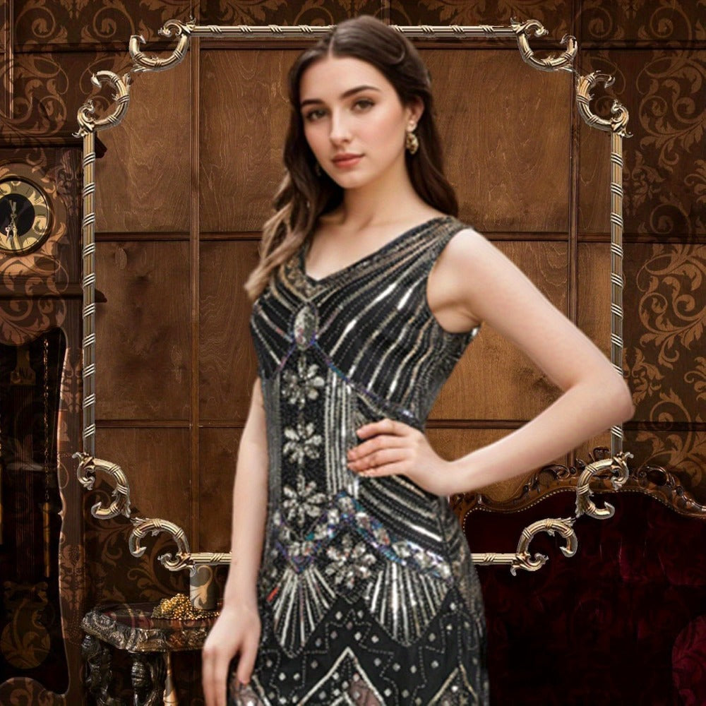 Flapper Dress - with Accessories Set 1920s Sequin Fringe Great Gatsby Costume Women V Neck - product detail view 14