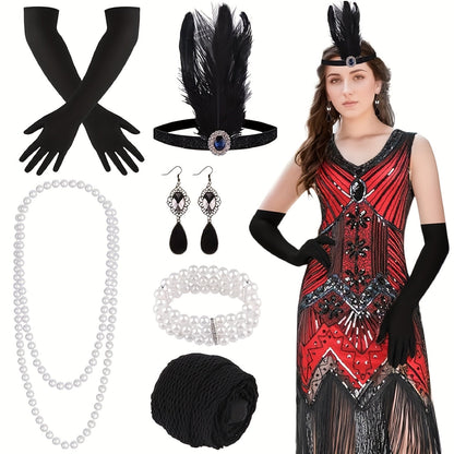 Flapper Dress - with Accessories Set 1920s Sequin Fringe Great Gatsby Costume Women V Neck - product detail view 15
