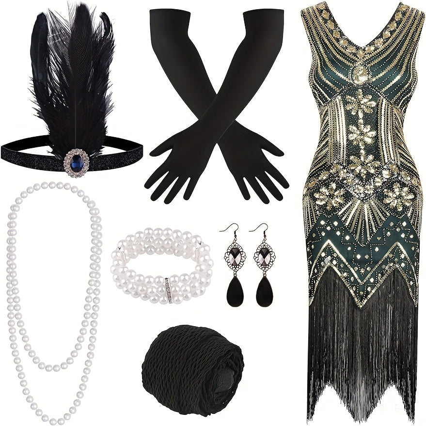 Flapper Dress - with Accessories Set 1920s Sequin Fringe Great Gatsby Costume Women V Neck - product detail view 16