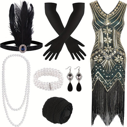 Flapper Dress - with Accessories Set 1920s Sequin Fringe Great Gatsby Costume Women V Neck - product detail view 16