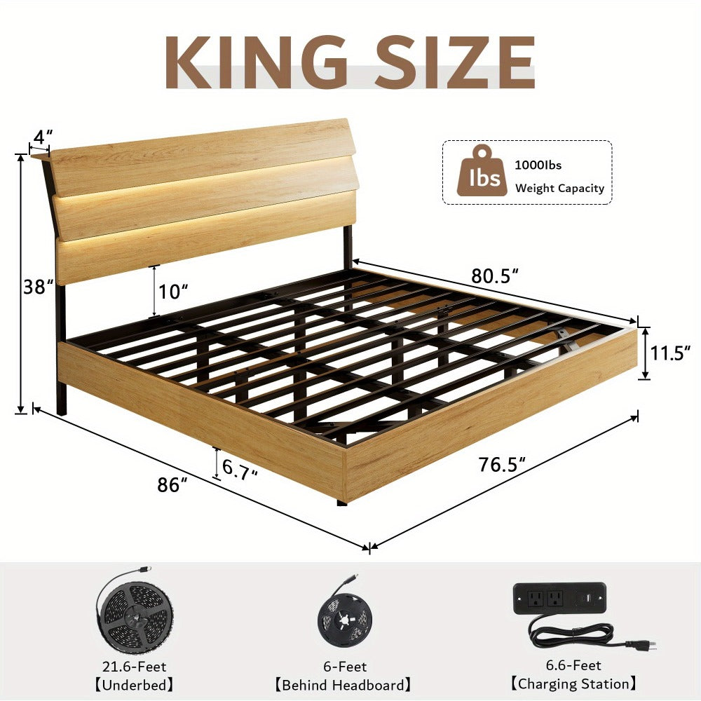 Floating Heavy-Duty Bed Frame with Charging Station and LED Lighting for Bedroom detail image - detail view 10