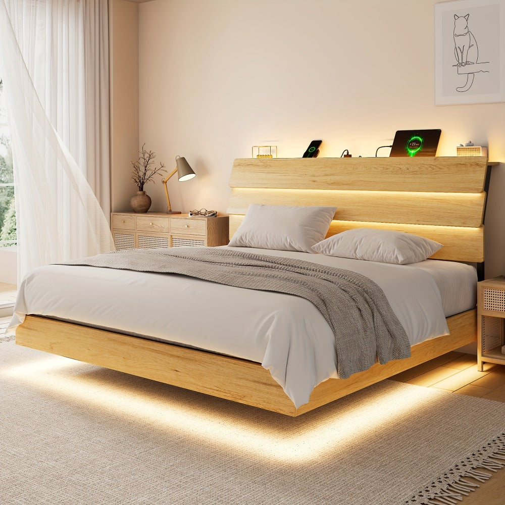 Floating Heavy-Duty Bed Frame with Charging Station and LED Lighting for Bedroom detail image - detail view 19