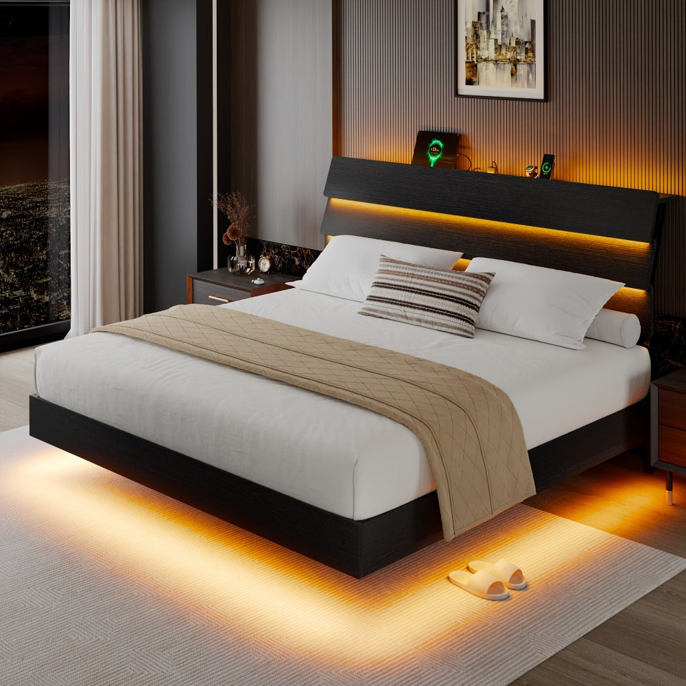 Floating Heavy-Duty Bed Frame with Charging Station and LED Lighting for Bedroom detail image - detail view 7