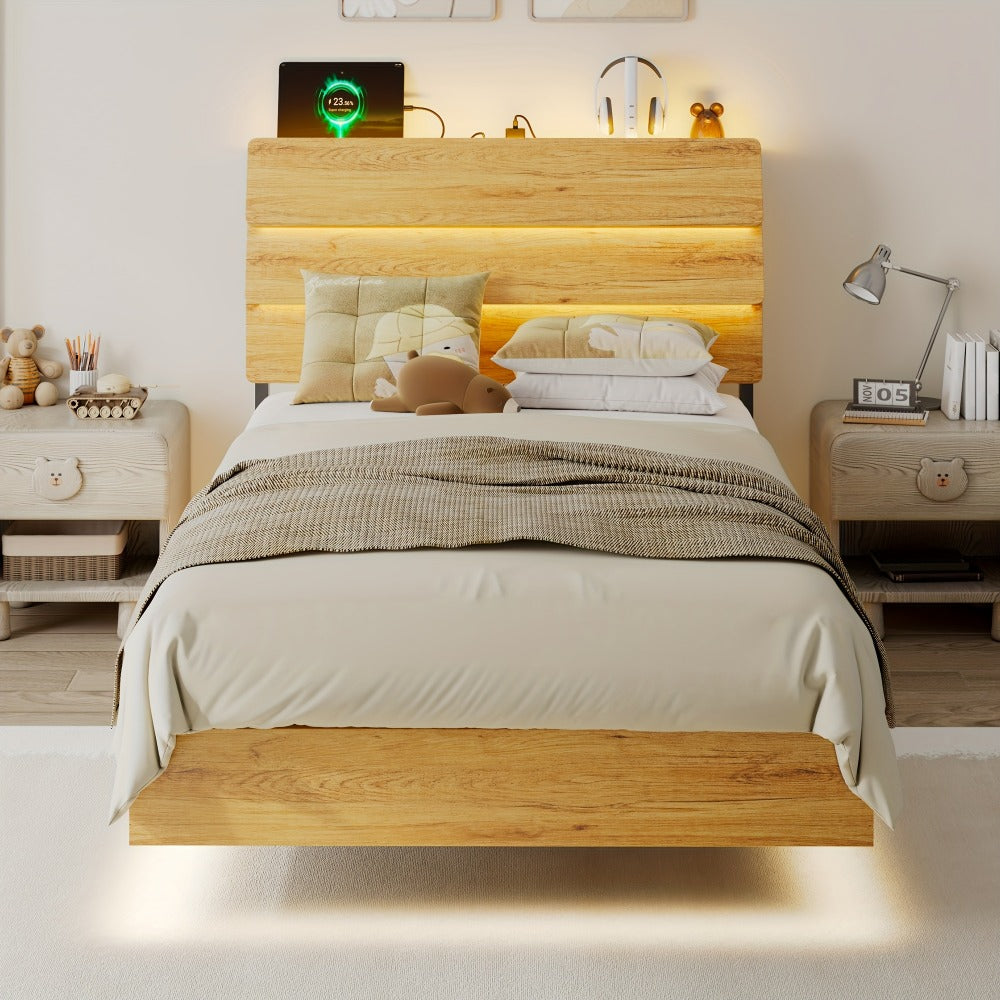 Bed Frame, Floating with LED Lights Built-In Charging Station Wooden Headboard Heavy-Duty shown in the main product view