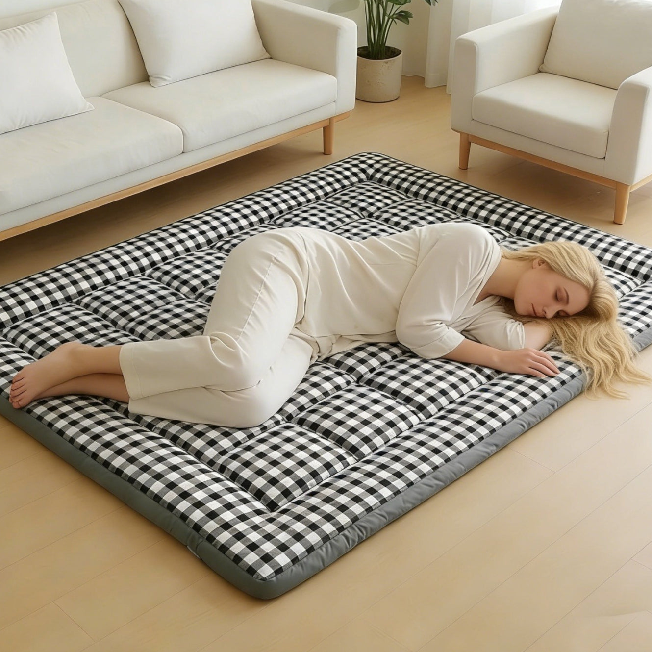 Floor Mattress shown in the Black Grid, King option